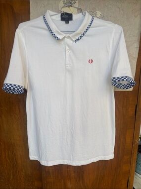 Fred Perry White Polo with Blue Check Trim and Red Laurel XXL